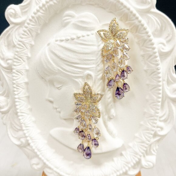 Crystal Floral Earrings, Bridal Wedding Earring, Crystal Chandelier Drop Earring - Picture 1 of 9